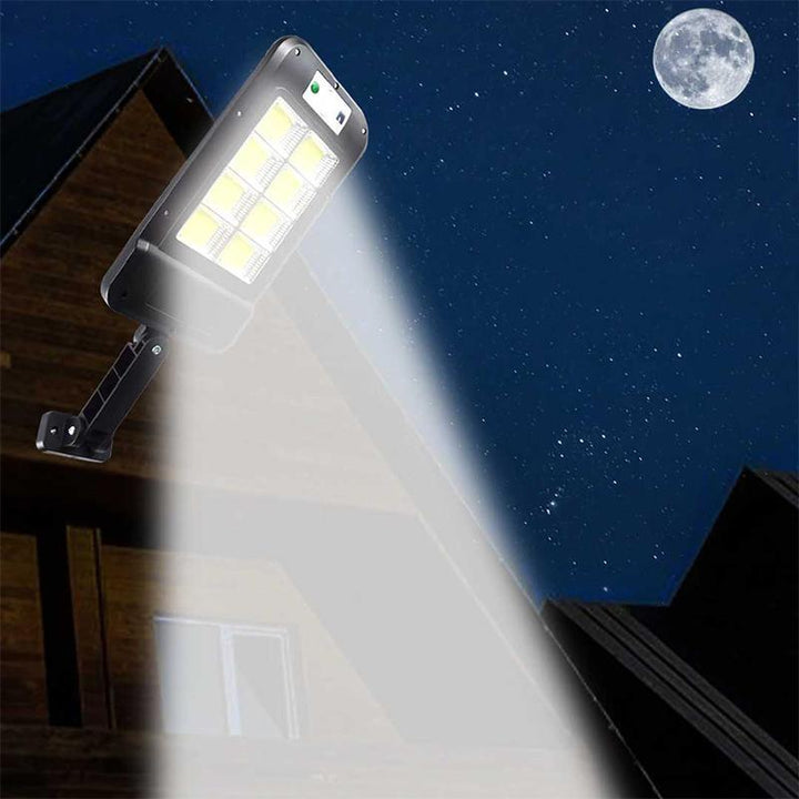 "Solvarm LED-utomhuslampa med rörelsesensor, väggmonterad, väderbeständig, för trädgårds- och verksamhetsbelysning."