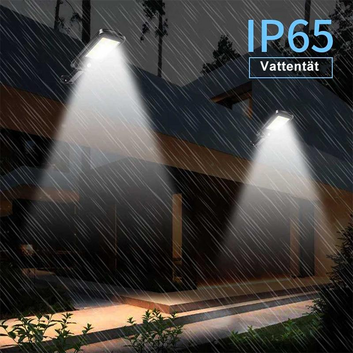 "Solvarm LED-utomhuslampa med rörelsesensor, väggmonterad, väderbeständig, för trädgårds- och verksamhetsbelysning."