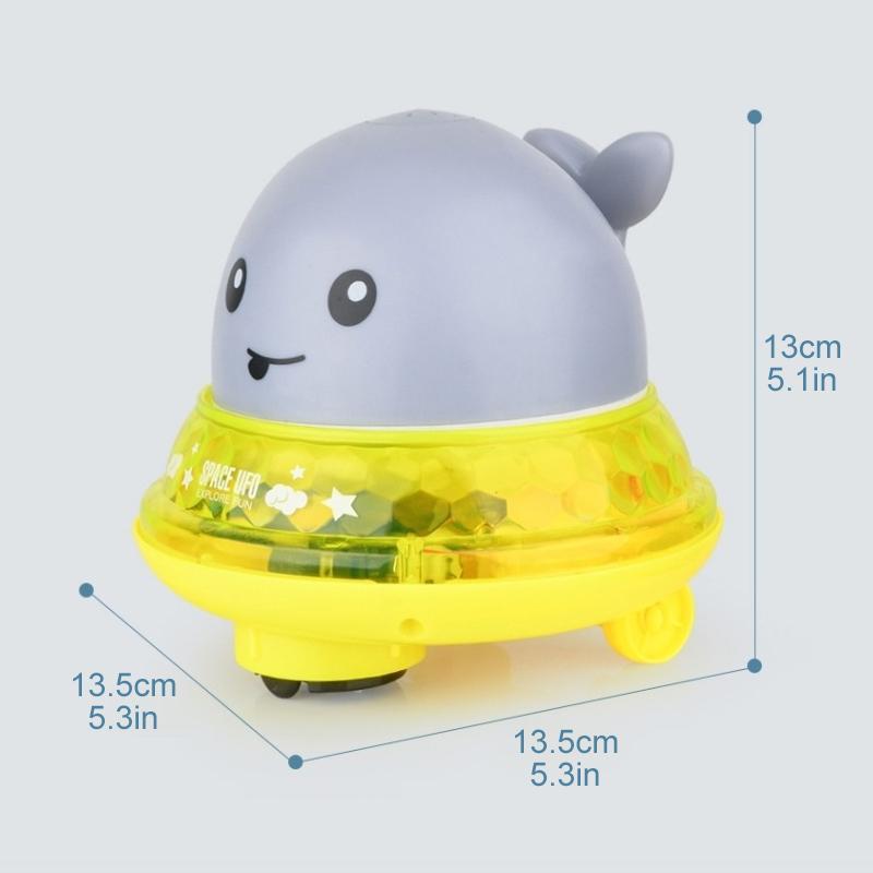 "Söt 2 i 1 vattenspray badleksak för barn i valform med blinkande ljus och roterande funktion för roligt bad."