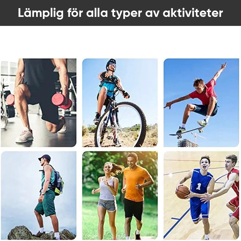 "Sportknästöd unisex i svart med 'side-bolsters' för extra stöd, ger smärtfri rörelse under aktivitet, flera färgval."