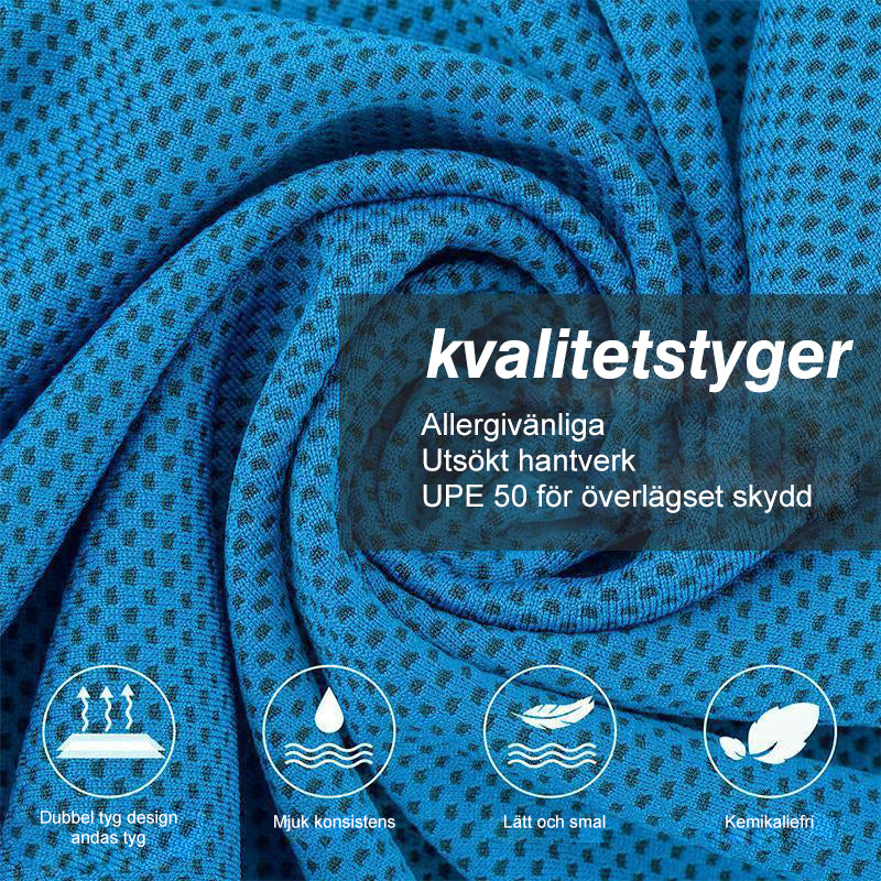 "Sportkylhandduk unisex i fiberväv grå, blå, grön, ros röd för träning och avkoppling. Mått: 30x90 cm, vikt: 51 g."