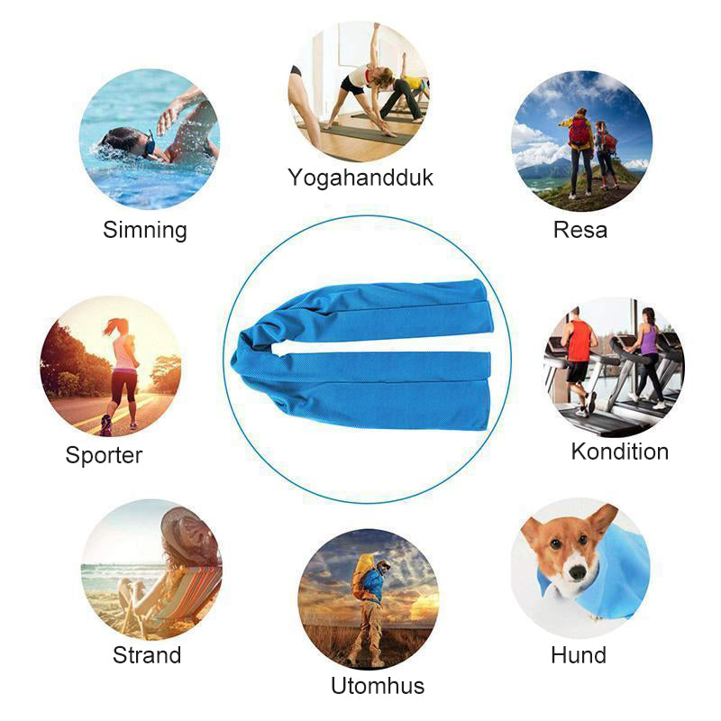 "Sportkylhandduk unisex i fiberväv grå, blå, grön, ros röd för träning och avkoppling. Mått: 30x90 cm, vikt: 51 g."