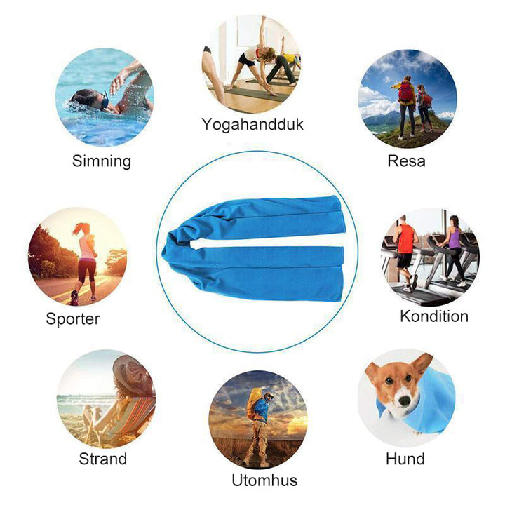 "Sportkylhandduk unisex i fiberväv grå, blå, grön, ros röd för träning och avkoppling. Mått: 30x90 cm, vikt: 51 g."