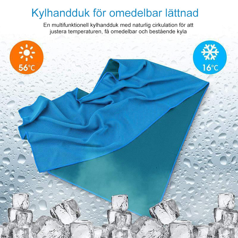 "Sportkylhandduk unisex i fiberväv grå, blå, grön, ros röd för träning och avkoppling. Mått: 30x90 cm, vikt: 51 g."