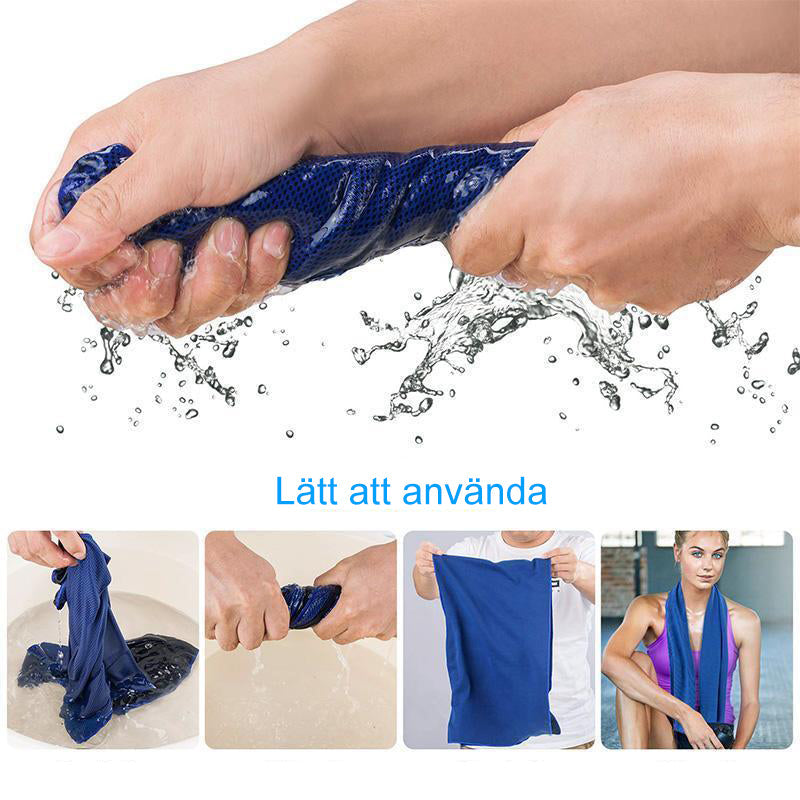 "Sportkylhandduk unisex i fiberväv grå, blå, grön, ros röd för träning och avkoppling. Mått: 30x90 cm, vikt: 51 g."