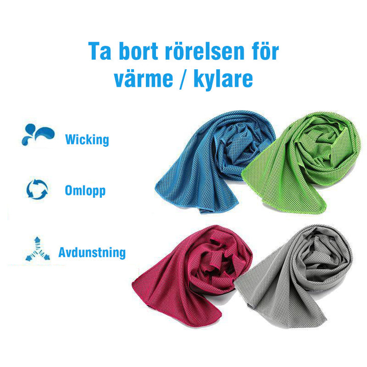 "Sportkylhandduk unisex i fiberväv grå, blå, grön, ros röd för träning och avkoppling. Mått: 30x90 cm, vikt: 51 g."