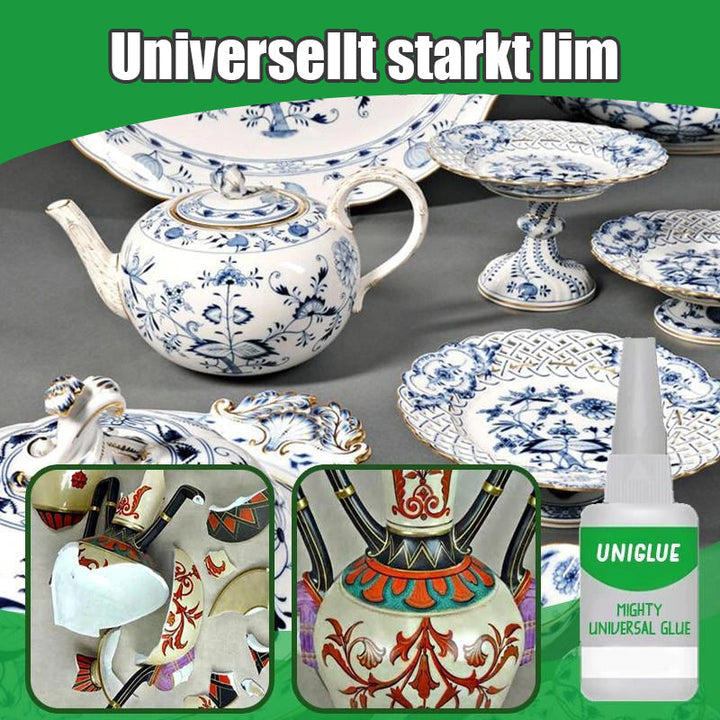 "Starkt universal lim med snabb torktid, tydlig tub-design, precisionstips för exakt applicering på alla material."