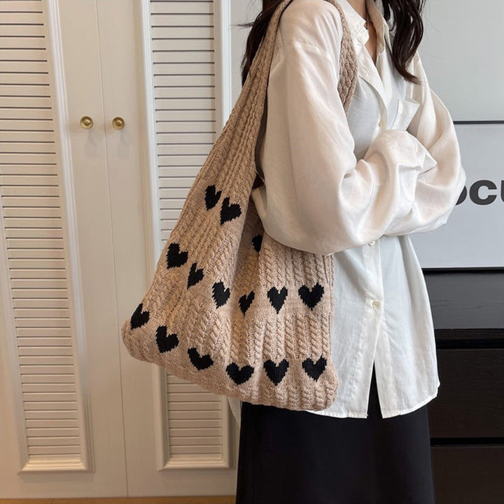 "Stickad kärlek tygkasse i vintage Hobo-stil för damer, beige färg, mjukt akrylfiber och polyester, trendig accessoar."