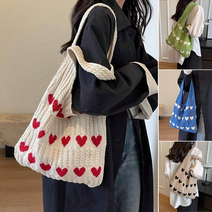 "Stickad kärlek tygkasse i vintage Hobo-stil för damer, beige färg, mjukt akrylfiber och polyester, trendig accessoar."