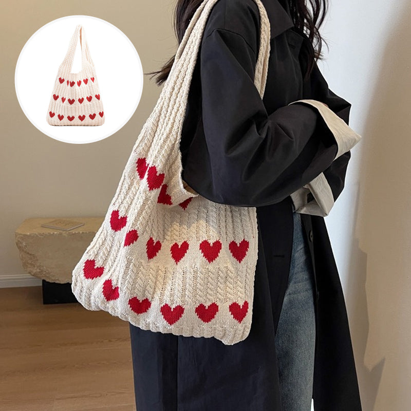 "Stickad kärlek tygkasse i vintage Hobo-stil för damer, beige färg, mjukt akrylfiber och polyester, trendig accessoar."