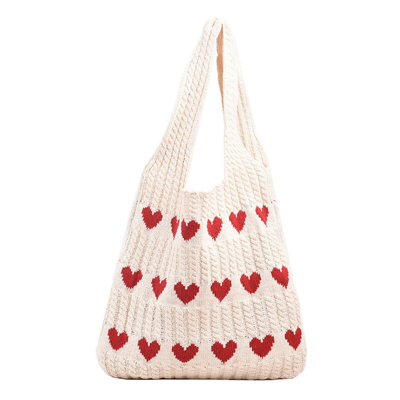 "Stickad kärlek tygkasse i vintage Hobo-stil för damer, beige färg, mjukt akrylfiber och polyester, trendig accessoar."