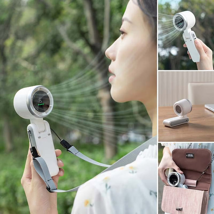 "Stilfull hopfällbar handhållen turbinfläkt, kompakt för resor och hem. 180° justerbar med 3-i-1 funktion."