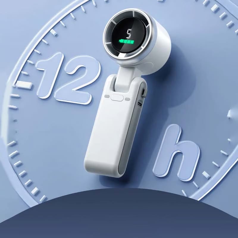 "Stilfull hopfällbar handhållen turbinfläkt, kompakt för resor och hem. 180° justerbar med 3-i-1 funktion."