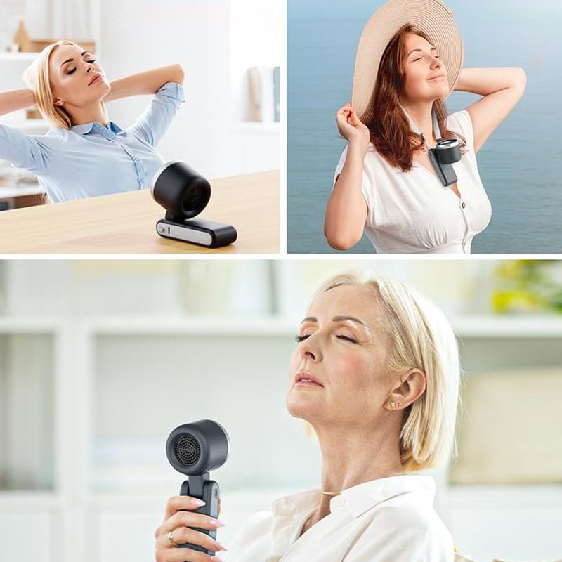 "Stilfull hopfällbar handhållen turbinfläkt, kompakt för resor och hem. 180° justerbar med 3-i-1 funktion."