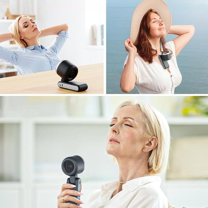 "Stilfull hopfällbar handhållen turbinfläkt, kompakt för resor och hem. 180° justerbar med 3-i-1 funktion."