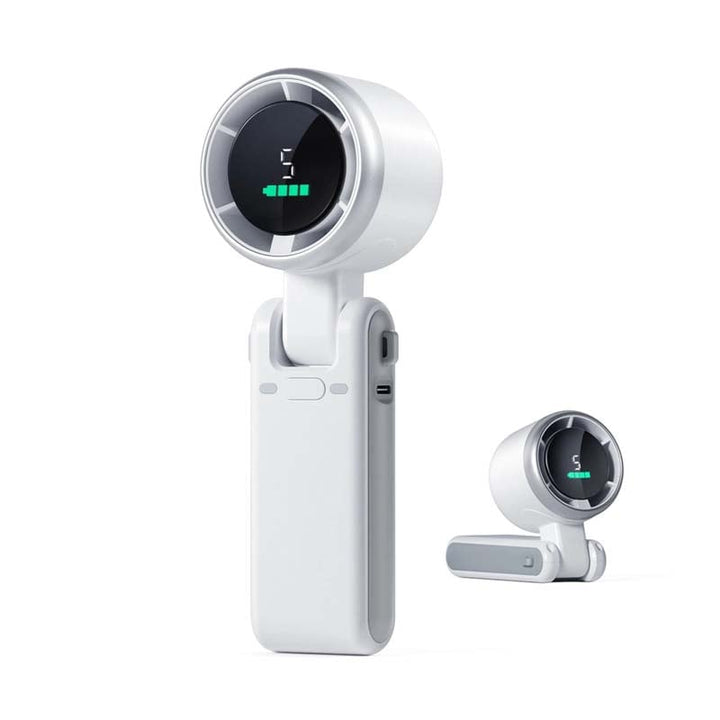 "Stilfull hopfällbar handhållen turbinfläkt, kompakt för resor och hem. 180° justerbar med 3-i-1 funktion."