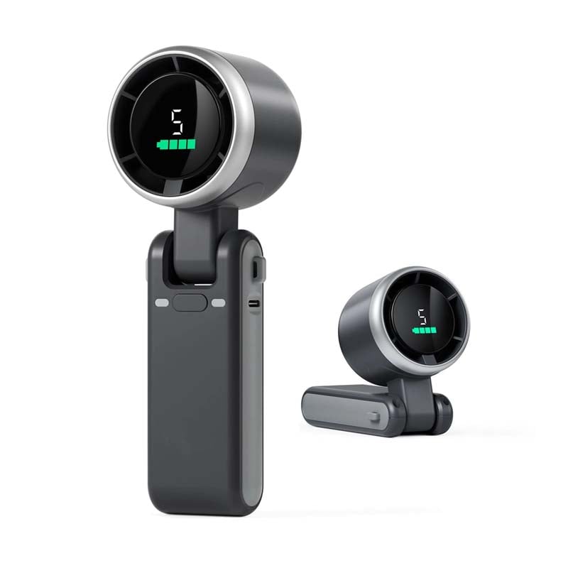 "Stilfull hopfällbar handhållen turbinfläkt, kompakt för resor och hem. 180° justerbar med 3-i-1 funktion."