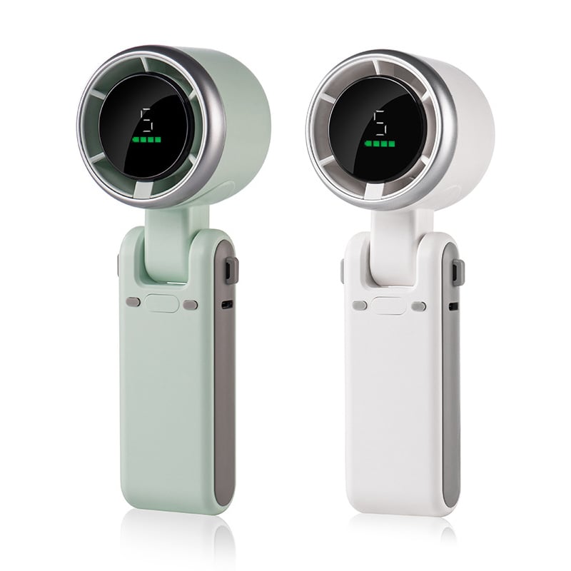 "Stilfull hopfällbar handhållen turbinfläkt, kompakt för resor och hem. 180° justerbar med 3-i-1 funktion."