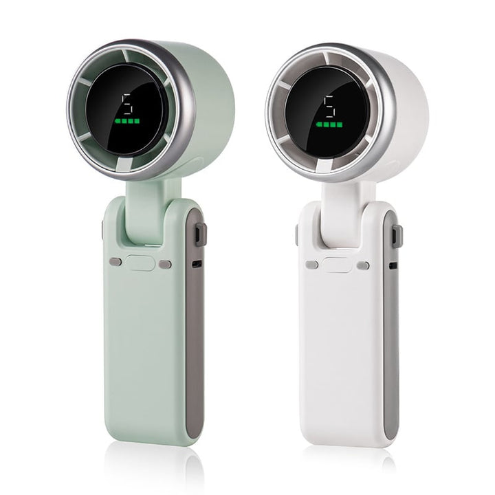 "Stilfull hopfällbar handhållen turbinfläkt, kompakt för resor och hem. 180° justerbar med 3-i-1 funktion."