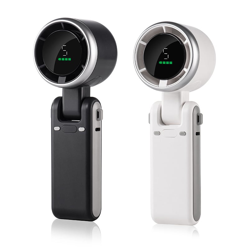 "Stilfull hopfällbar handhållen turbinfläkt, kompakt för resor och hem. 180° justerbar med 3-i-1 funktion."