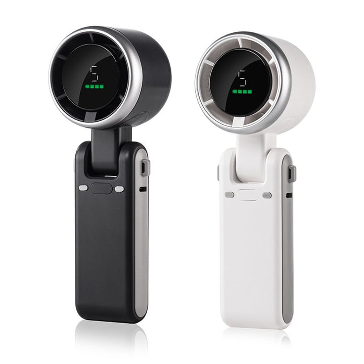 "Stilfull hopfällbar handhållen turbinfläkt, kompakt för resor och hem. 180° justerbar med 3-i-1 funktion."