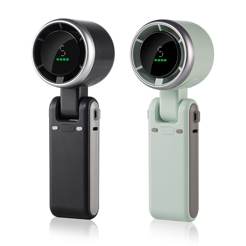 "Stilfull hopfällbar handhållen turbinfläkt, kompakt för resor och hem. 180° justerbar med 3-i-1 funktion."