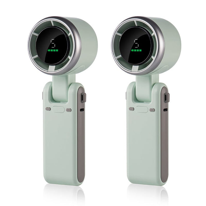 "Stilfull hopfällbar handhållen turbinfläkt, kompakt för resor och hem. 180° justerbar med 3-i-1 funktion."