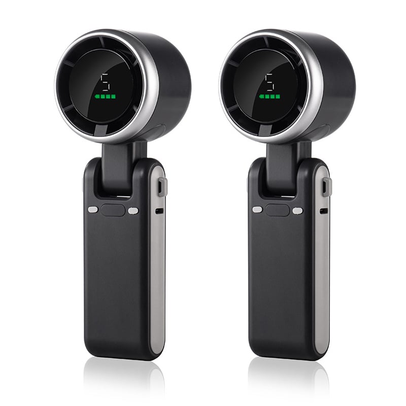 "Stilfull hopfällbar handhållen turbinfläkt, kompakt för resor och hem. 180° justerbar med 3-i-1 funktion."