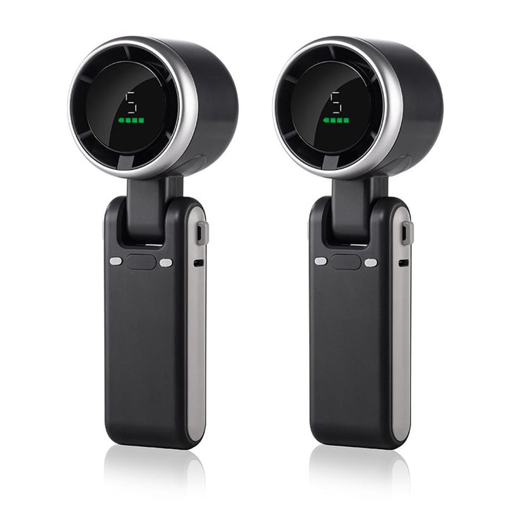 "Stilfull hopfällbar handhållen turbinfläkt, kompakt för resor och hem. 180° justerbar med 3-i-1 funktion."