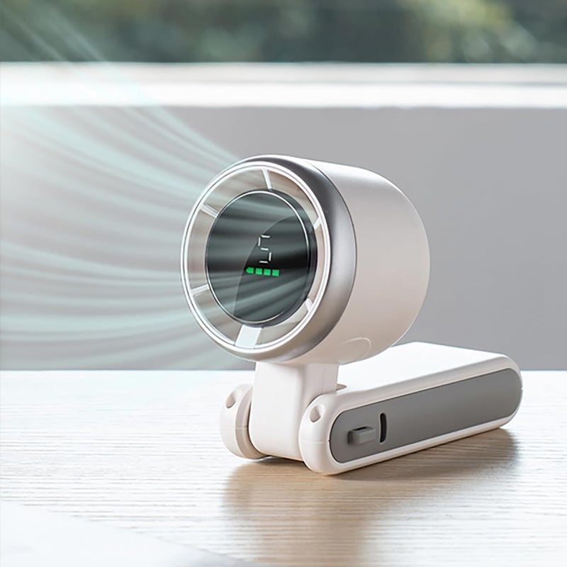"Stilfull hopfällbar handhållen turbinfläkt, kompakt för resor och hem. 180° justerbar med 3-i-1 funktion."