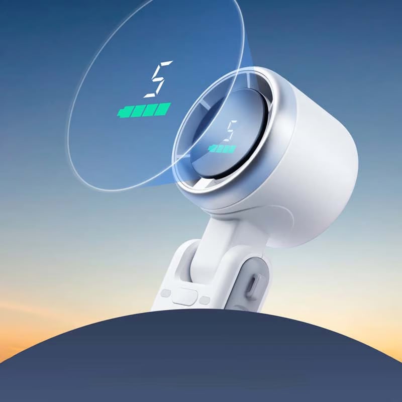 "Stilfull hopfällbar handhållen turbinfläkt, kompakt för resor och hem. 180° justerbar med 3-i-1 funktion."