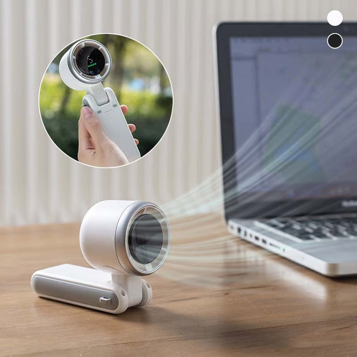 "Stilfull hopfällbar handhållen turbinfläkt, kompakt för resor och hem. 180° justerbar med 3-i-1 funktion."