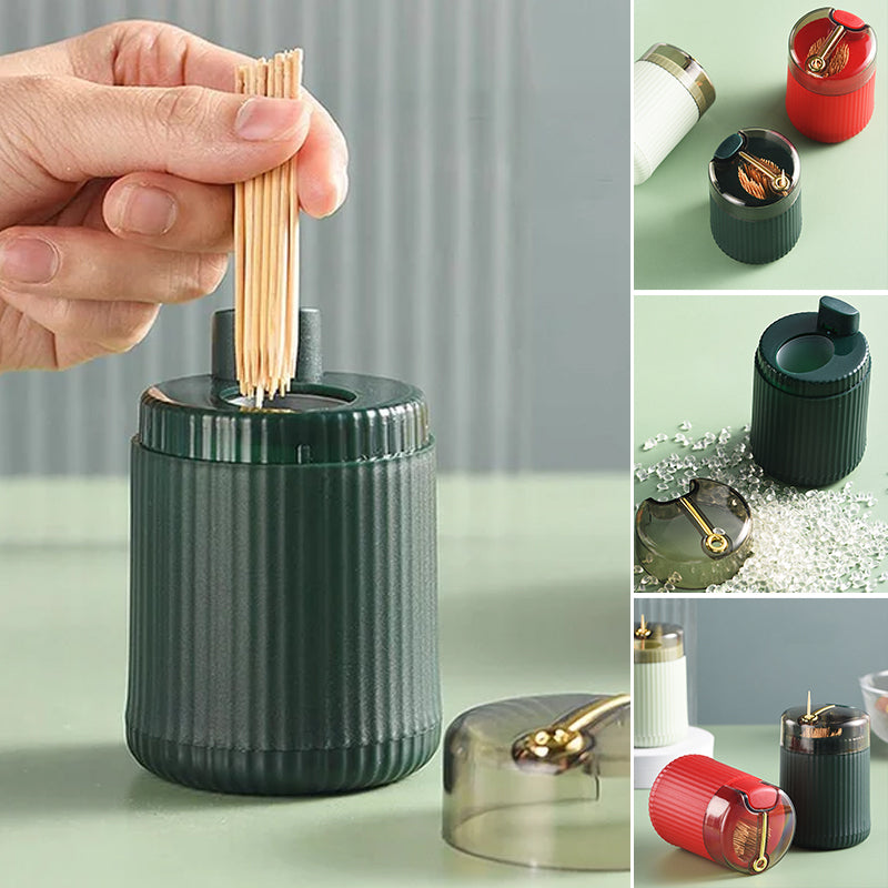 "Stilig automatisk tandpetare dispenser för kök i flera färger med hygieniskt genomskinligt lock och enkel tryckmekanism."