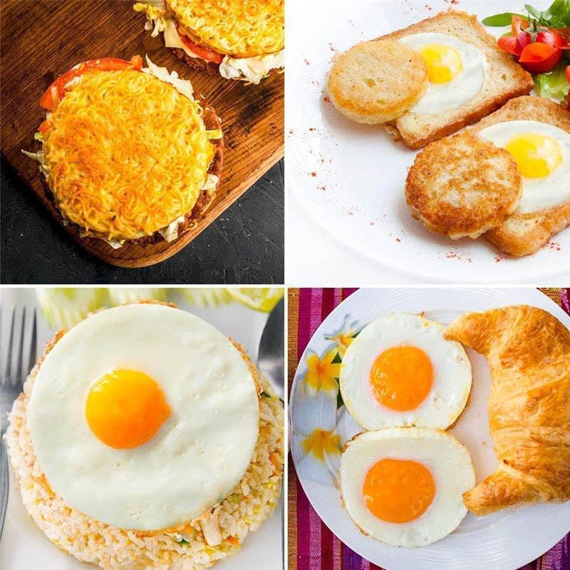 "Stilren non-stick omeletring i rostfritt stål med vikbart handtag, perfekt för ägg och pannkakor i köket."