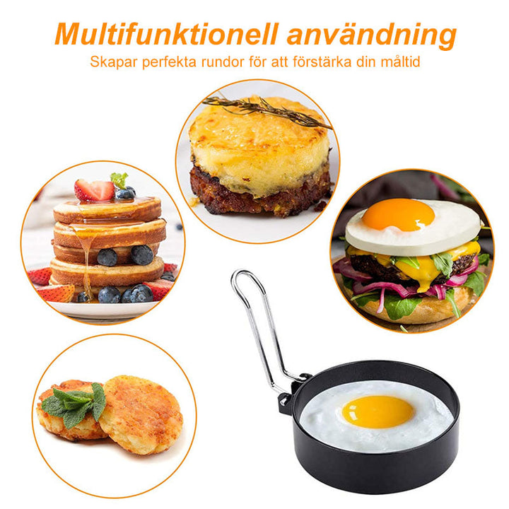 "Stilren non-stick omeletring i rostfritt stål med vikbart handtag, perfekt för ägg och pannkakor i köket."