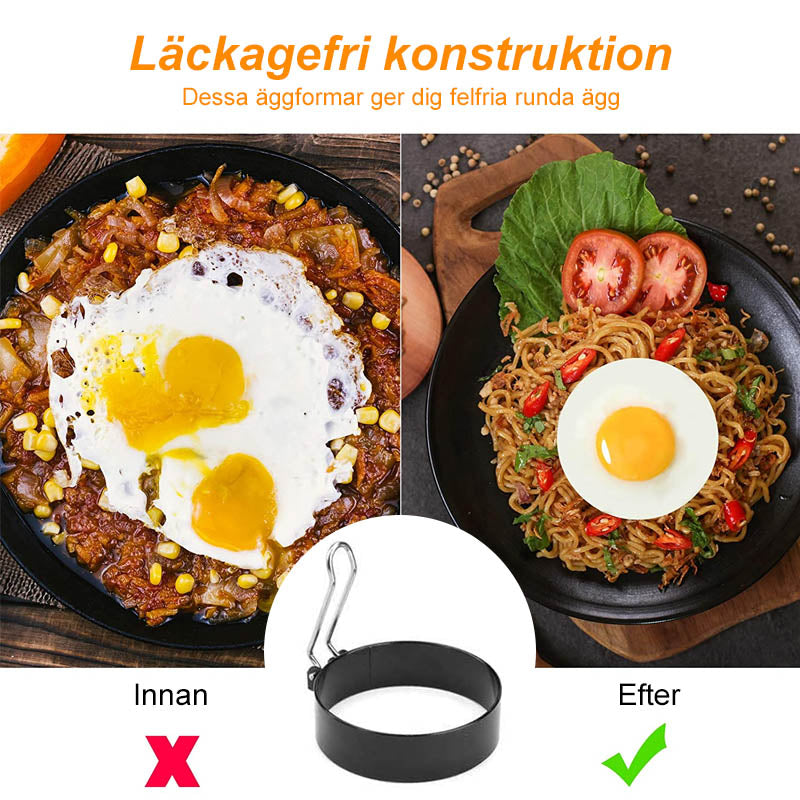 "Stilren non-stick omeletring i rostfritt stål med vikbart handtag, perfekt för ägg och pannkakor i köket."