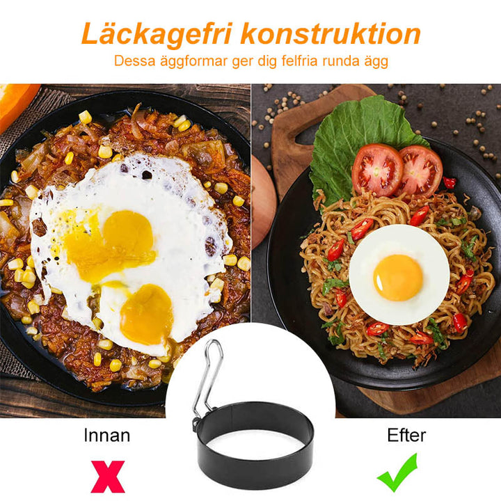 "Stilren non-stick omeletring i rostfritt stål med vikbart handtag, perfekt för ägg och pannkakor i köket."