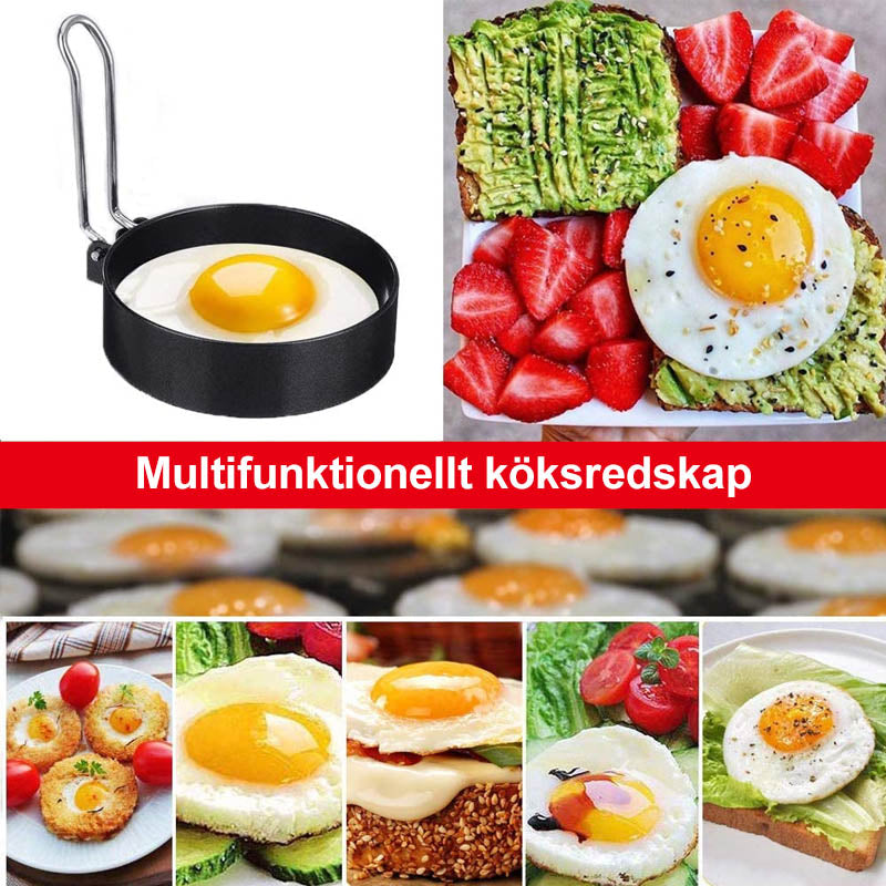 "Stilren non-stick omeletring i rostfritt stål med vikbart handtag, perfekt för ägg och pannkakor i köket."