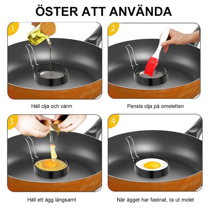 "Stilren non-stick omeletring i rostfritt stål med vikbart handtag, perfekt för ägg och pannkakor i köket."