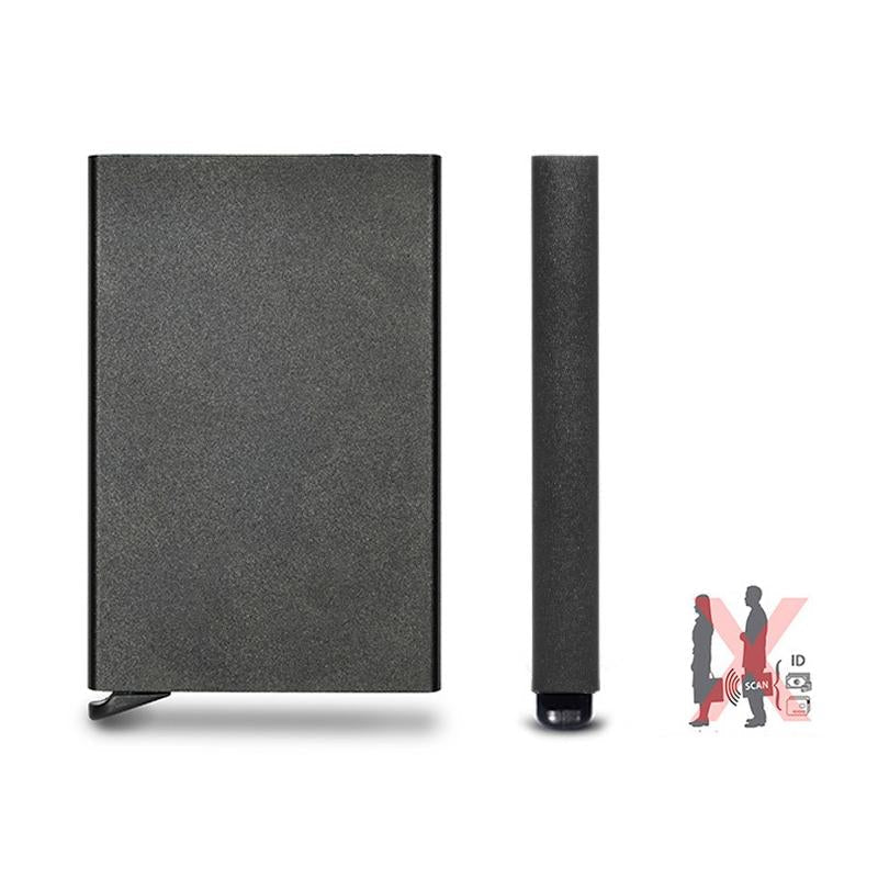 Stilren RFID-blockerande plånbok i aluminiumlegering, kompakt design, skyddar kort mot stöld. Finns i flera färger.