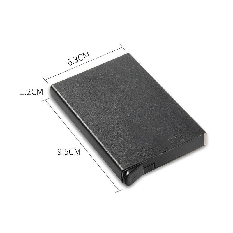 Stilren RFID-blockerande plånbok i aluminiumlegering, kompakt design, skyddar kort mot stöld. Finns i flera färger.
