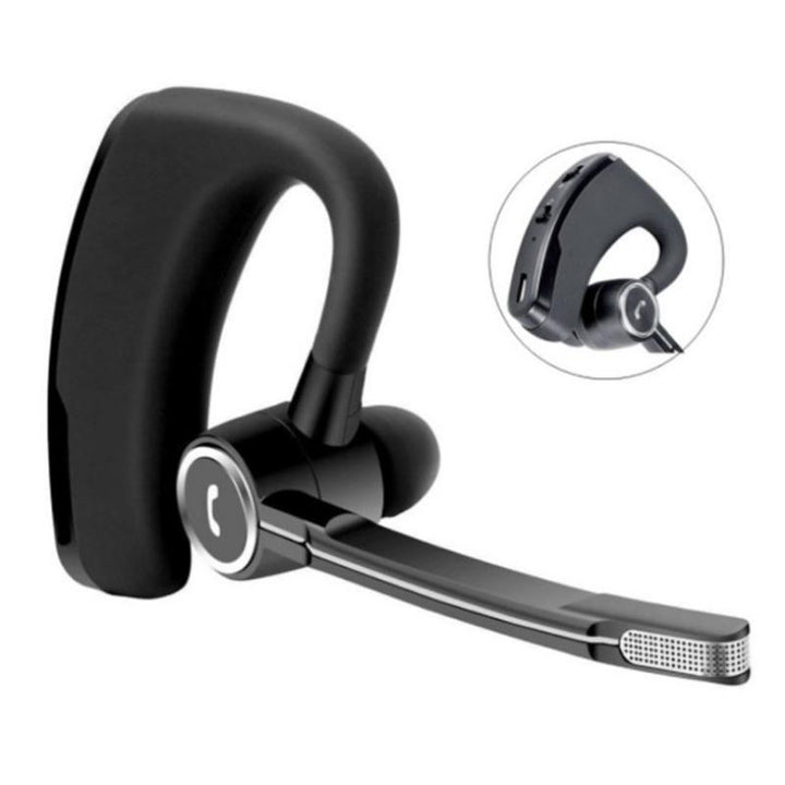 "Stilrent trådlöst Bluetooth-headset för affärsmän, elegant design, svart med öronproppar och justerbar mikrofon."