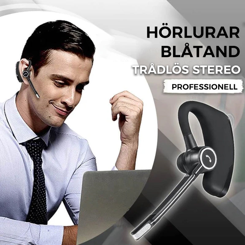 "Stilrent trådlöst Bluetooth-headset för affärsmän, elegant design, svart med öronproppar och justerbar mikrofon."