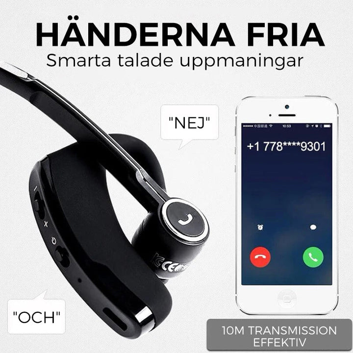 "Stilrent trådlöst Bluetooth-headset för affärsmän, elegant design, svart med öronproppar och justerbar mikrofon."