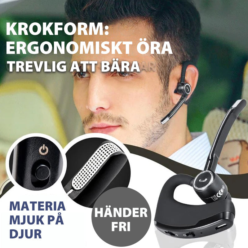 "Stilrent trådlöst Bluetooth-headset för affärsmän, elegant design, svart med öronproppar och justerbar mikrofon."