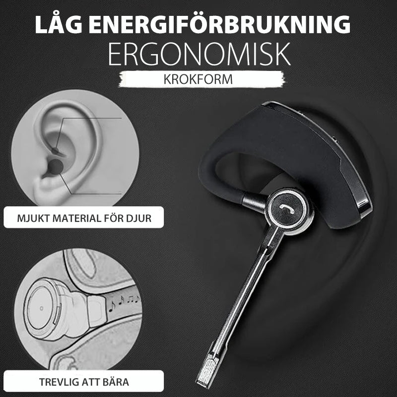 "Stilrent trådlöst Bluetooth-headset för affärsmän, elegant design, svart med öronproppar och justerbar mikrofon."