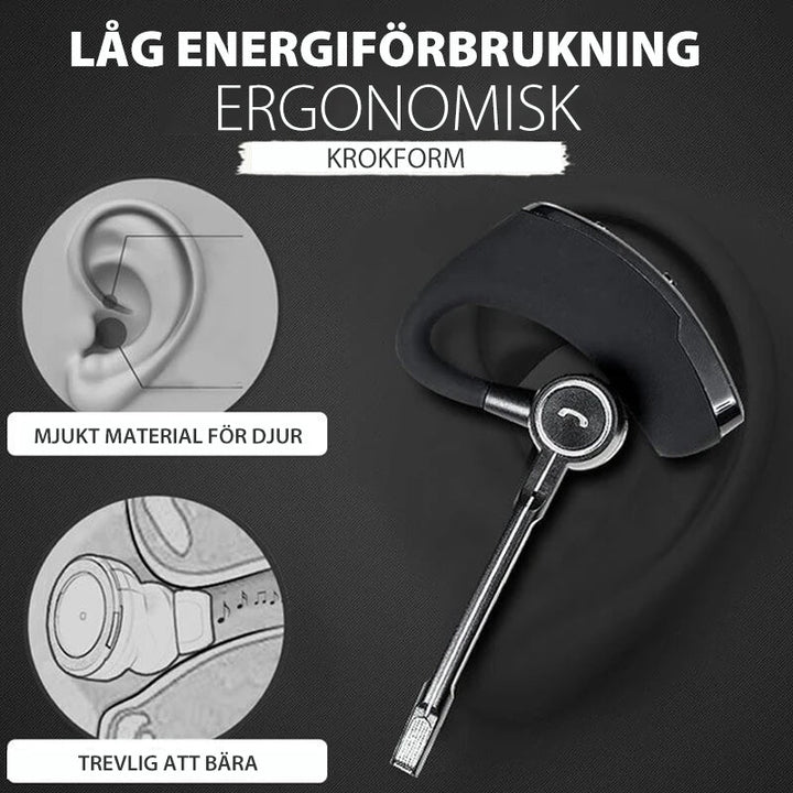 "Stilrent trådlöst Bluetooth-headset för affärsmän, elegant design, svart med öronproppar och justerbar mikrofon."