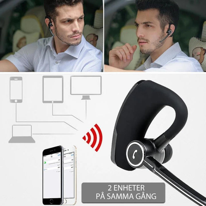 "Stilrent trådlöst Bluetooth-headset för affärsmän, elegant design, svart med öronproppar och justerbar mikrofon."