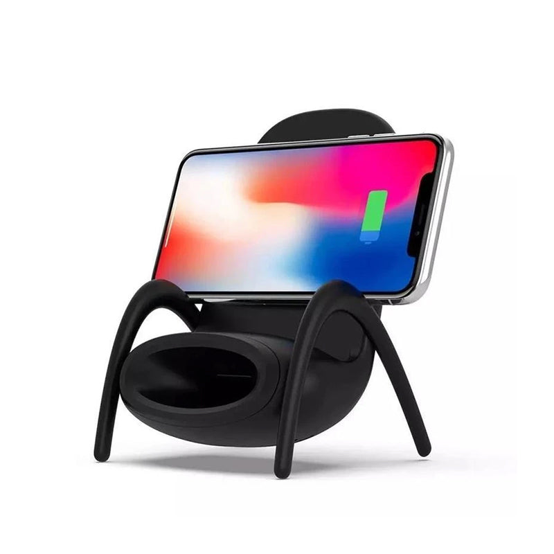 "Stolformad trådlös bärbar laddare, grå, QI-kompatibel, för horisontell och vertikal telefonladdning, med kylfläkt."