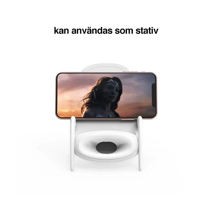 "Stolformad trådlös bärbar laddare, grå, QI-kompatibel, för horisontell och vertikal telefonladdning, med kylfläkt."